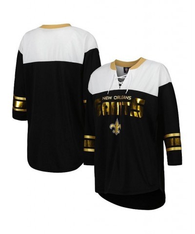 Women's Black White New Orleans Saints Double Team 3/4-Sleeve Lace-Up T-shirt Black, White $28.59 Tops