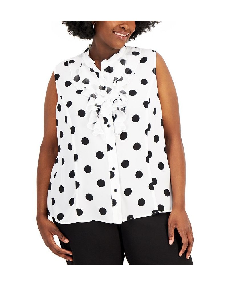 Plus Size Polka Dot Sleeveless Tie-Neck Shell Top Lily White/Black $43.61 Tops