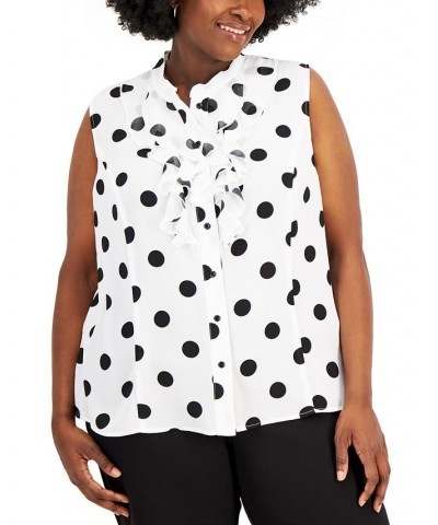 Plus Size Polka Dot Sleeveless Tie-Neck Shell Top Lily White/Black $43.61 Tops