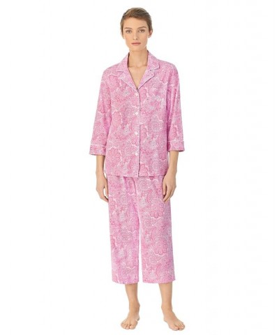 Womens 3/4 Sleeve Cotton Notch Collar Capri Pant Pajama Set Pink Paisley $38.22 Sleepwear