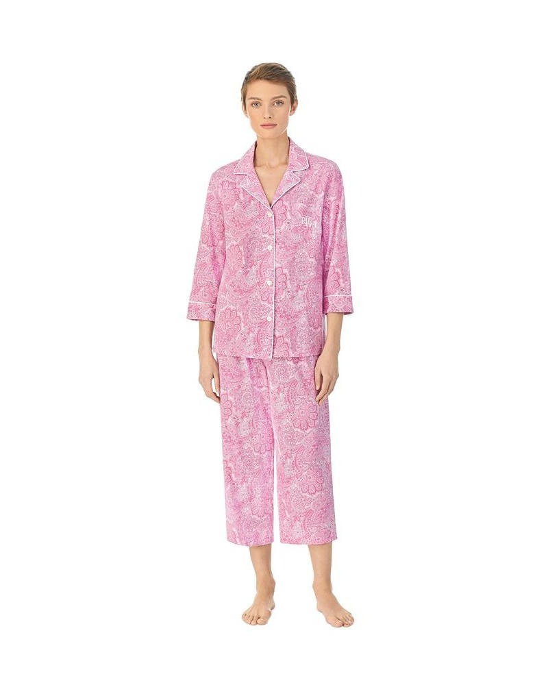 Womens 3/4 Sleeve Cotton Notch Collar Capri Pant Pajama Set Pink Paisley $38.22 Sleepwear