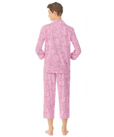 Womens 3/4 Sleeve Cotton Notch Collar Capri Pant Pajama Set Pink Paisley $38.22 Sleepwear