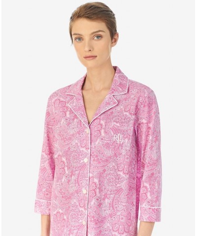 Womens 3/4 Sleeve Cotton Notch Collar Capri Pant Pajama Set Pink Paisley $38.22 Sleepwear