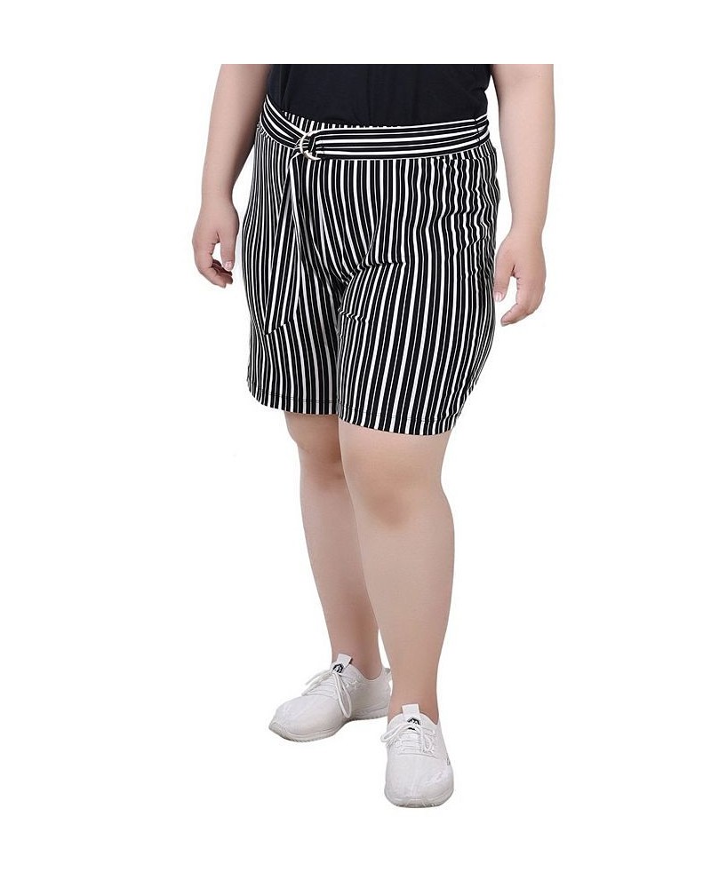 Plus Size Shorts with Ring and Belt Black, White Stripe $16.01 Shorts