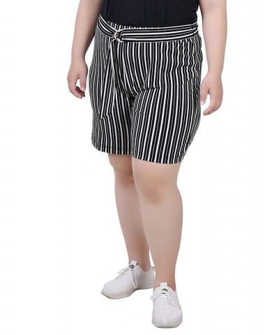 Plus Size Shorts with Ring and Belt Black, White Stripe $16.01 Shorts