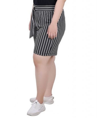 Plus Size Shorts with Ring and Belt Black, White Stripe $16.01 Shorts