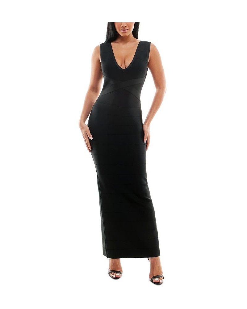 Bandage-Textured V-Neck Evening Gown Black $61.16 Dresses