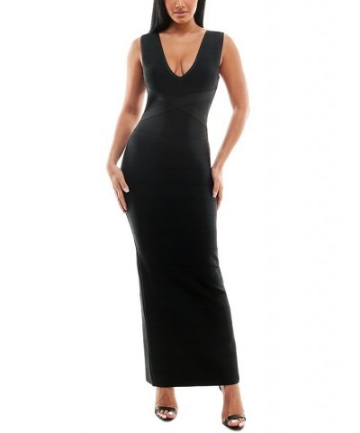 Bandage-Textured V-Neck Evening Gown Black $61.16 Dresses