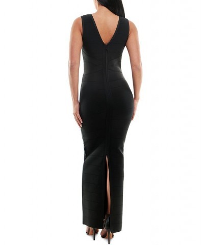 Bandage-Textured V-Neck Evening Gown Black $61.16 Dresses