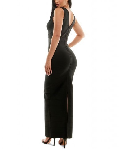 Bandage-Textured V-Neck Evening Gown Black $61.16 Dresses