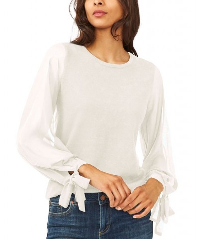 Women's Cotton Chiffon-Sleeve Mixed-Media Sweater White $26.98 Sweaters