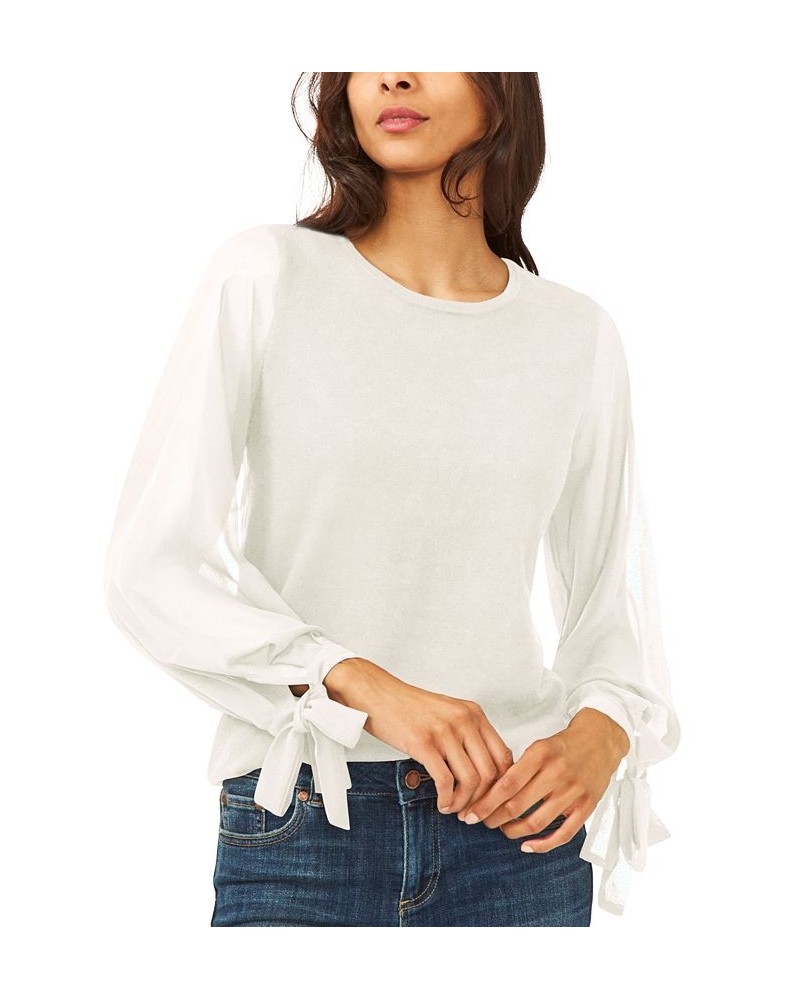 Women's Cotton Chiffon-Sleeve Mixed-Media Sweater White $26.98 Sweaters