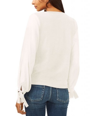 Women's Cotton Chiffon-Sleeve Mixed-Media Sweater White $26.98 Sweaters