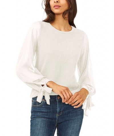 Women's Cotton Chiffon-Sleeve Mixed-Media Sweater White $26.98 Sweaters