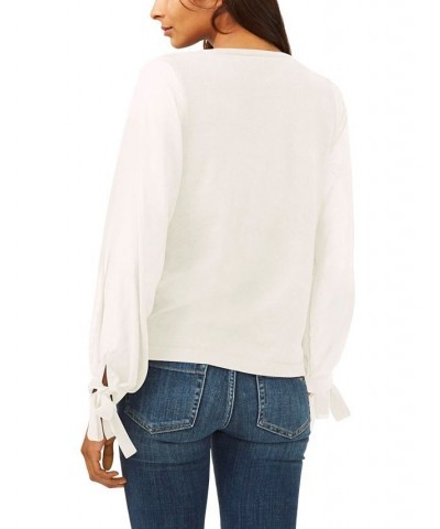 Women's Cotton Chiffon-Sleeve Mixed-Media Sweater White $26.98 Sweaters