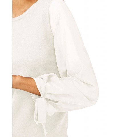 Women's Cotton Chiffon-Sleeve Mixed-Media Sweater White $26.98 Sweaters