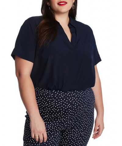 Solid Patch Pocket Short Sleeve Collared V-Neck Blouse Blue Night $48.95 Tops