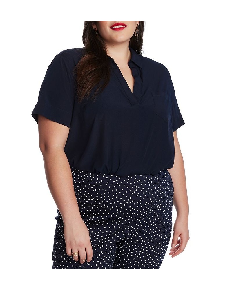 Solid Patch Pocket Short Sleeve Collared V-Neck Blouse Blue Night $48.95 Tops