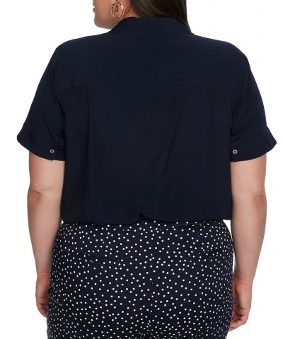 Solid Patch Pocket Short Sleeve Collared V-Neck Blouse Blue Night $48.95 Tops