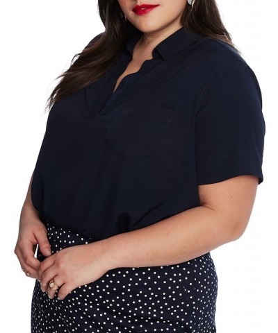 Solid Patch Pocket Short Sleeve Collared V-Neck Blouse Blue Night $48.95 Tops