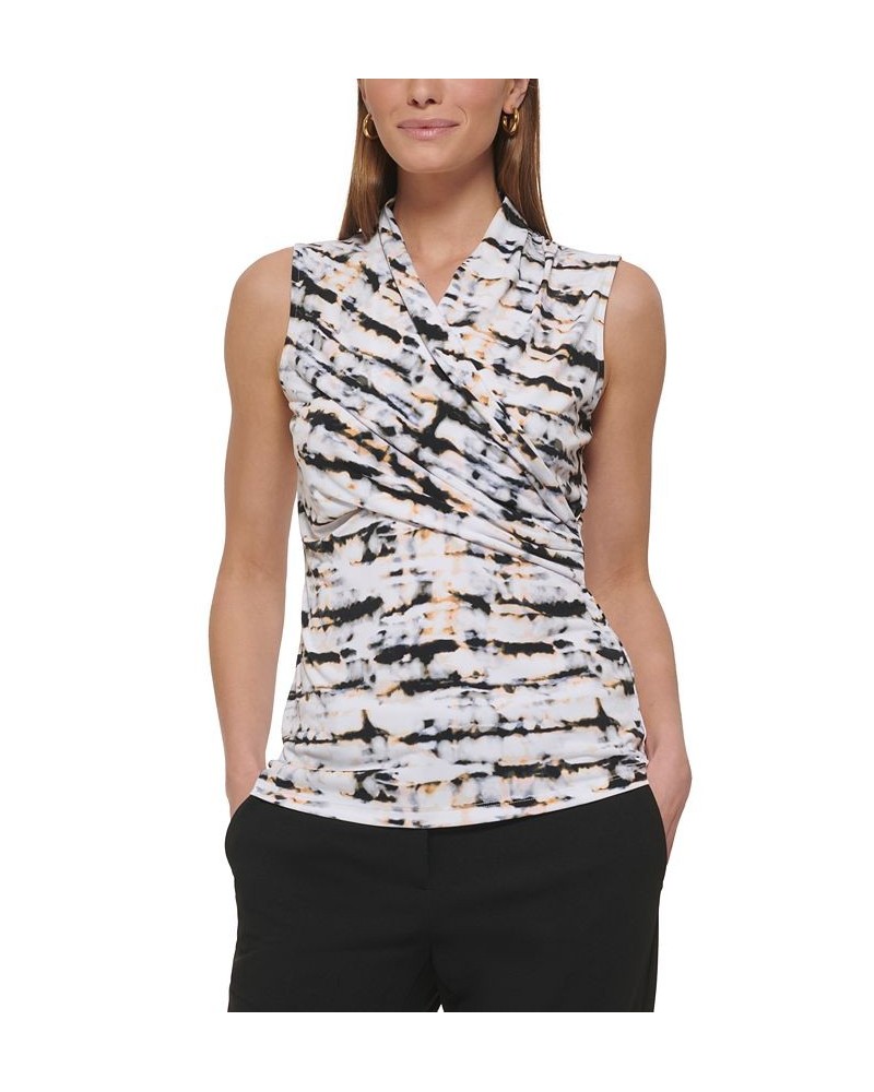 Petite Printed Ruched Sleeveless Faux-Wrap Top White Multi $25.37 Tops