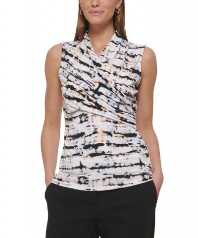 Petite Printed Ruched Sleeveless Faux-Wrap Top White Multi $25.37 Tops