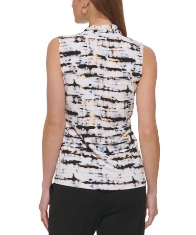 Petite Printed Ruched Sleeveless Faux-Wrap Top White Multi $25.37 Tops