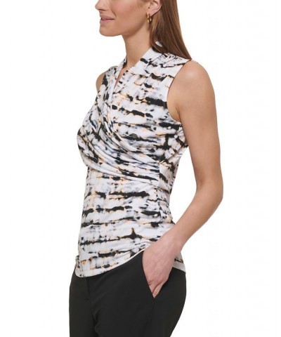 Petite Printed Ruched Sleeveless Faux-Wrap Top White Multi $25.37 Tops