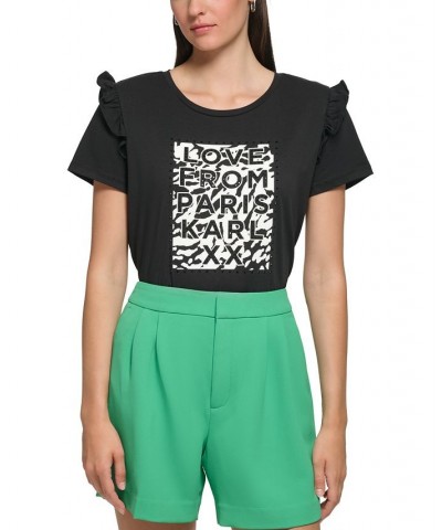 Women's Logo Ruffled-Shoulder T-Shirt Black/ White $31.28 Tops