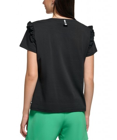 Women's Logo Ruffled-Shoulder T-Shirt Black/ White $31.28 Tops