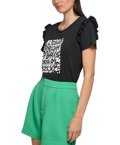 Women's Logo Ruffled-Shoulder T-Shirt Black/ White $31.28 Tops