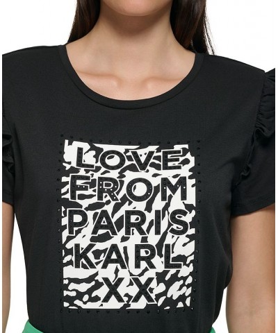 Women's Logo Ruffled-Shoulder T-Shirt Black/ White $31.28 Tops