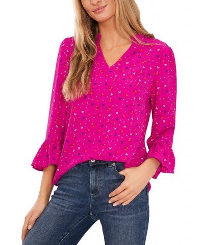 Women's Floral-Print Ruffled 3/4-Sleeve Blouse Pink $28.78 Tops