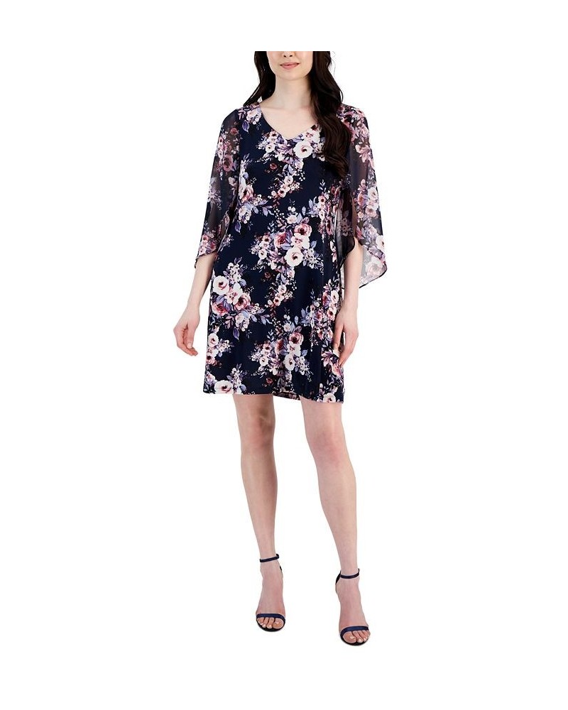 Women's Floral-Print A-Line Draped Dress Navy/Mauve $43.45 Dresses