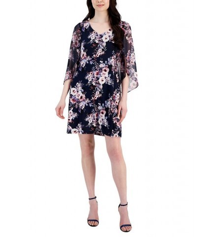 Women's Floral-Print A-Line Draped Dress Navy/Mauve $43.45 Dresses