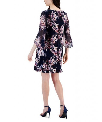 Women's Floral-Print A-Line Draped Dress Navy/Mauve $43.45 Dresses