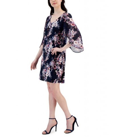 Women's Floral-Print A-Line Draped Dress Navy/Mauve $43.45 Dresses