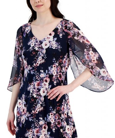 Women's Floral-Print A-Line Draped Dress Navy/Mauve $43.45 Dresses