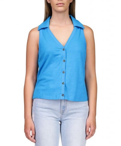 Women's Point Collar Button-Front Sleeveless Top Blue $33.92 Tops