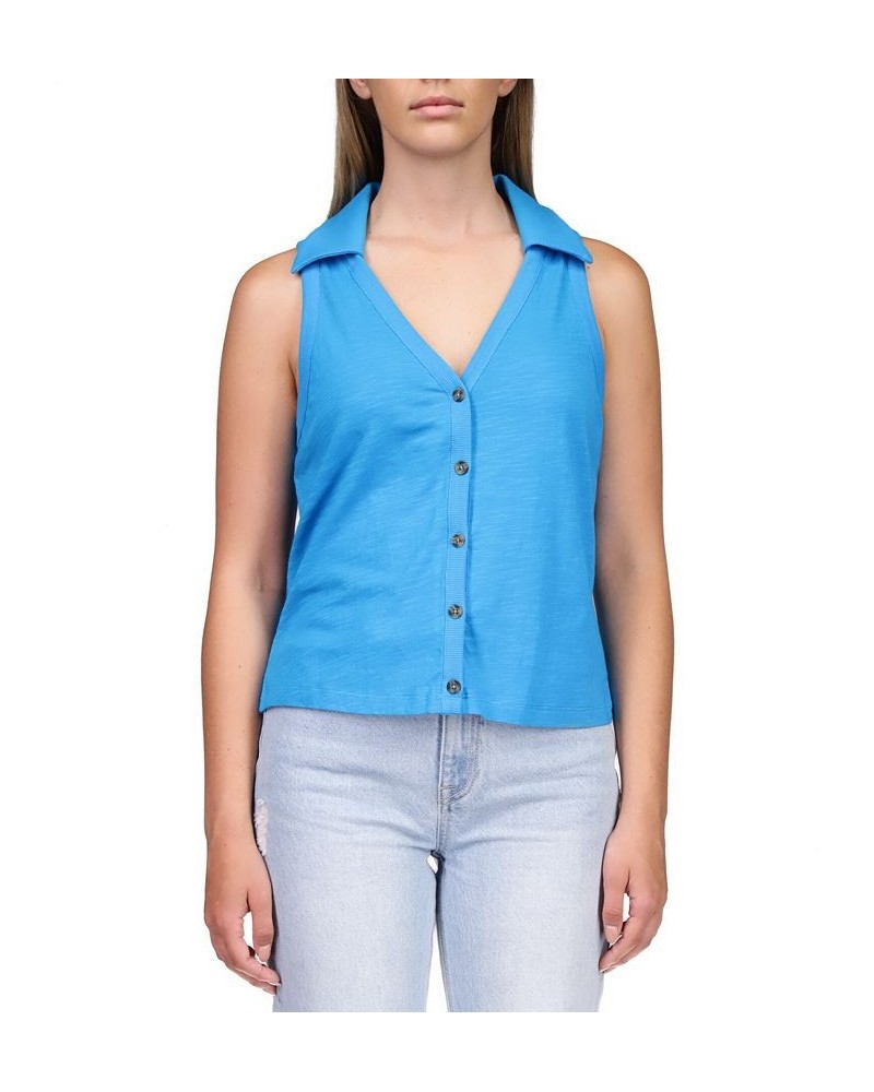 Women's Point Collar Button-Front Sleeveless Top Blue $33.92 Tops