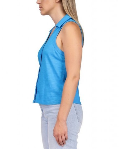 Women's Point Collar Button-Front Sleeveless Top Blue $33.92 Tops