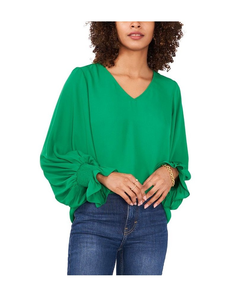 Women's Bubble-Sleeve V-Neck Blouse Green $43.61 Tops