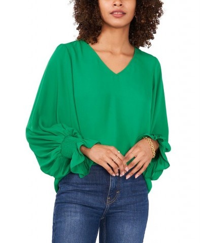 Women's Bubble-Sleeve V-Neck Blouse Green $43.61 Tops