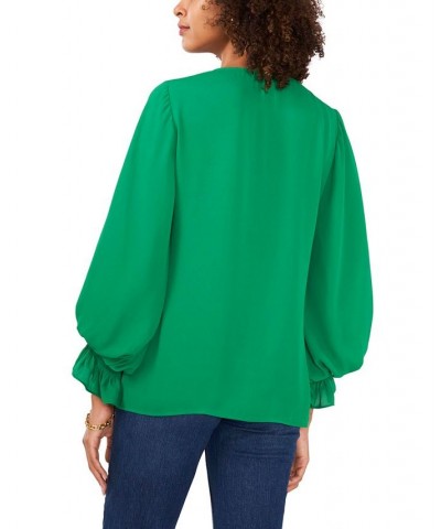 Women's Bubble-Sleeve V-Neck Blouse Green $43.61 Tops