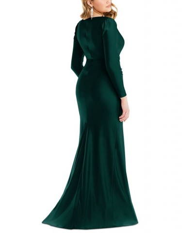 Women's Long-Sleeve Side-Ruched Satin Gown Green $131.48 Dresses