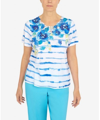 Petite Cool Vibrations Lace Neck Floral Stripe T-shirt Multi $38.23 Tops