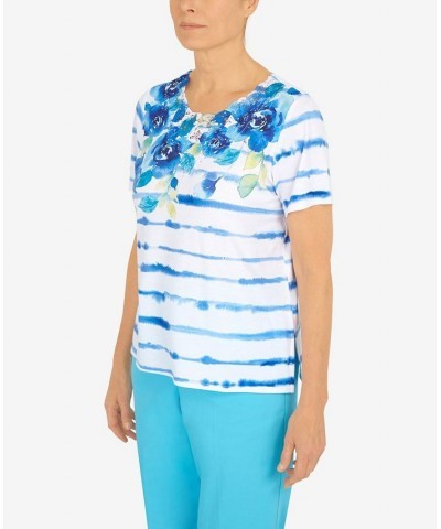 Petite Cool Vibrations Lace Neck Floral Stripe T-shirt Multi $38.23 Tops