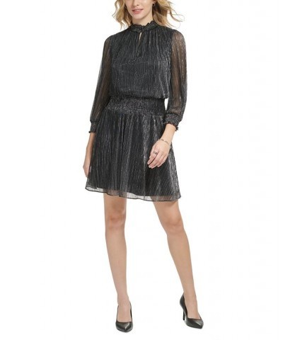 Women's Metallic Smocked-Waist A-Line Dress Black/Silver $39.60 Dresses