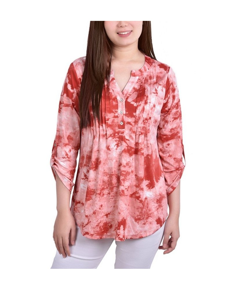 Petite Knit Jacquard 3/4 Sleeve Roll Tab Pintuck Top Poppy Red Tiedye $12.52 Tops