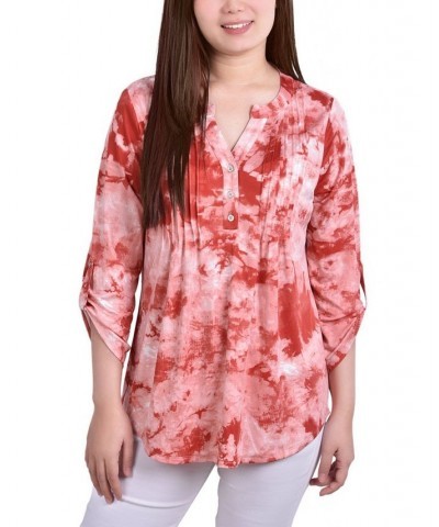 Petite Knit Jacquard 3/4 Sleeve Roll Tab Pintuck Top Poppy Red Tiedye $12.52 Tops